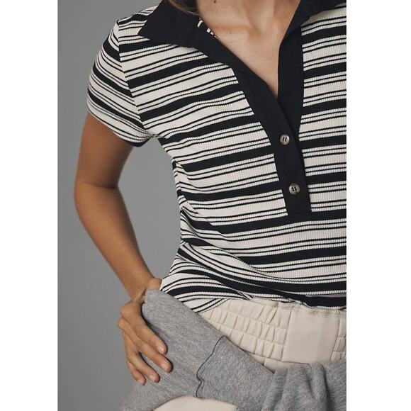 Anthropologie T.La Short-Sleeve Striped Polo Tee - Picture 1 of 8